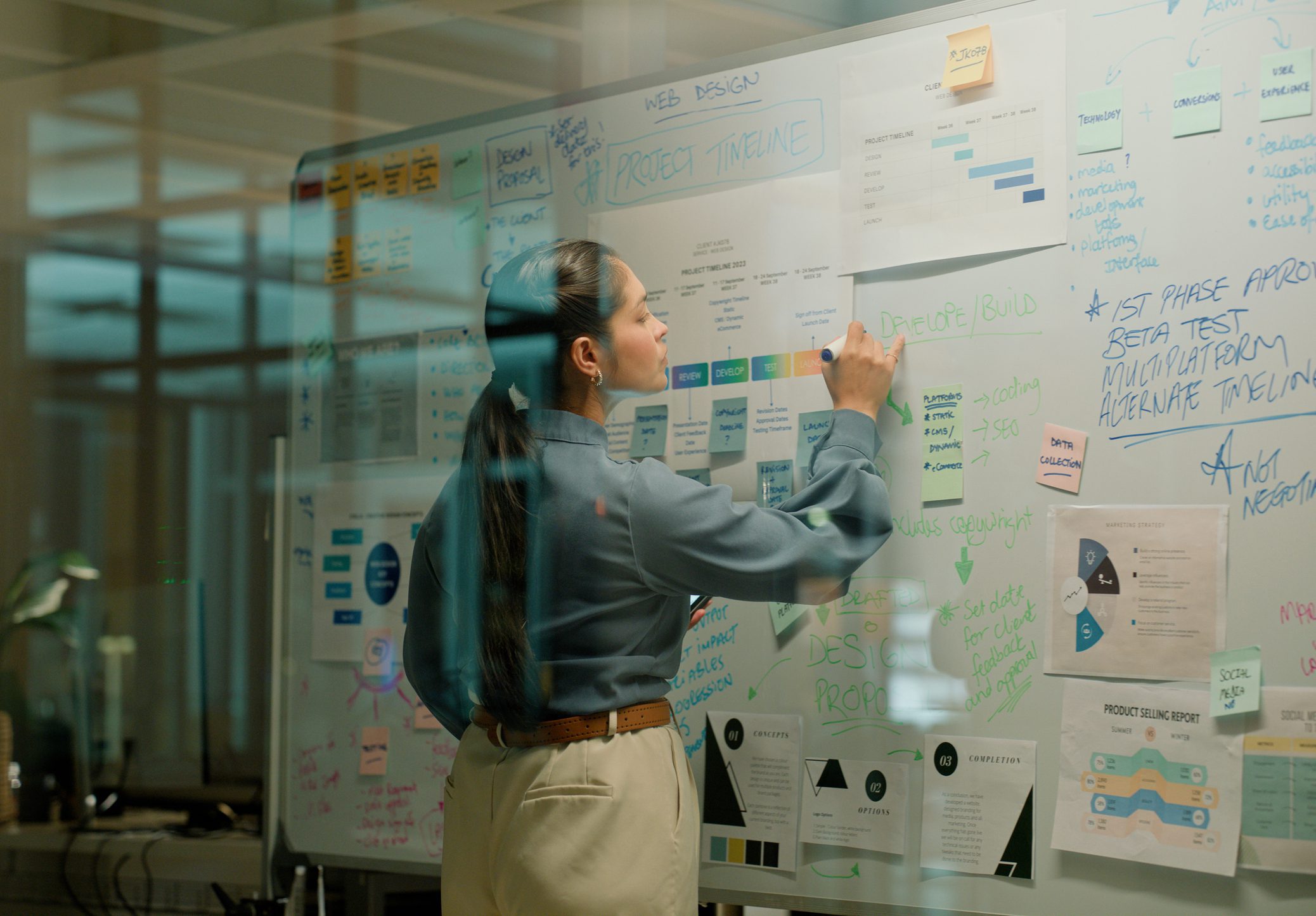 Thinking, writing or business woman planning whiteboard presentation in office for schedule, goal or calendar. Agenda, idea or leader with creative vision, solution or mind map for company objectives