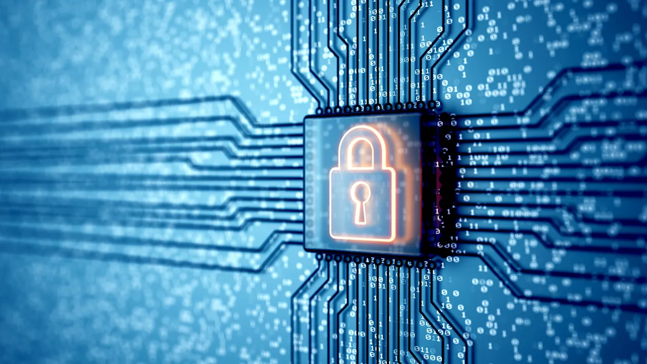 Cybersecurity concept with circuit and padlock