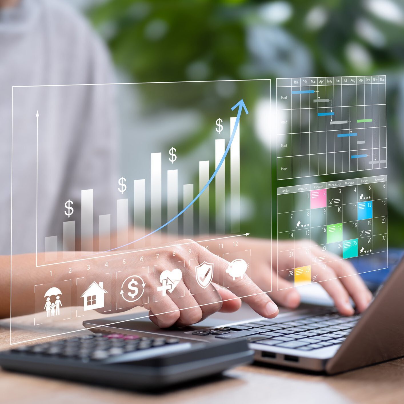 Annual Financial Planning and Expense Management Concept, Businesswoman Showing Yearly Expense Chart, Budget Planning, Tax Payment, Insurance, Household Finance Strategy Long-Term Financial Stability